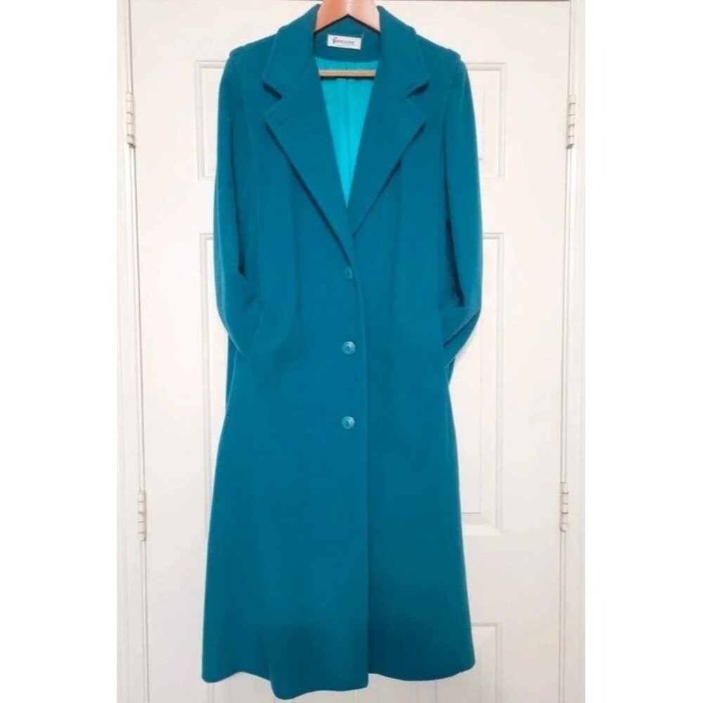 Vintage 80s Forecaster of Boston Teal Blue Wool Trench Coat Scarf Set Size 7/8